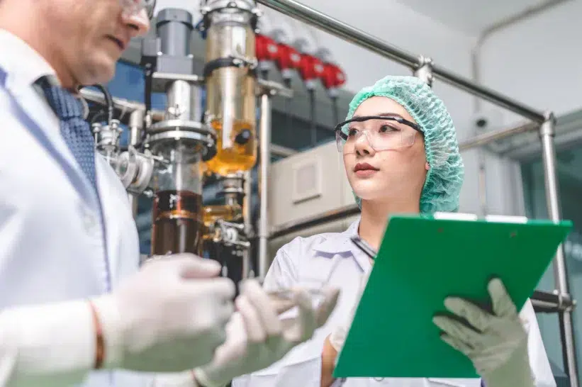 a man and woman in lab coats and goggles manufacturing liquid diamond