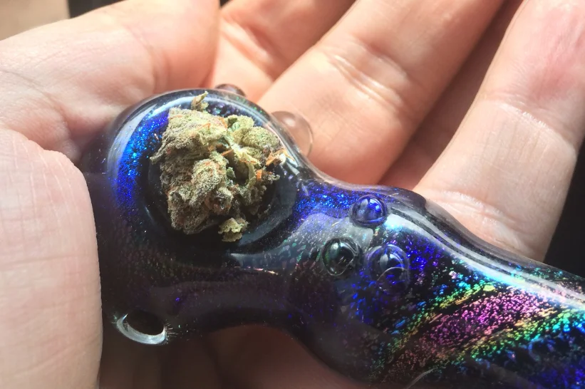 Packing cannabis buds in a bowl
