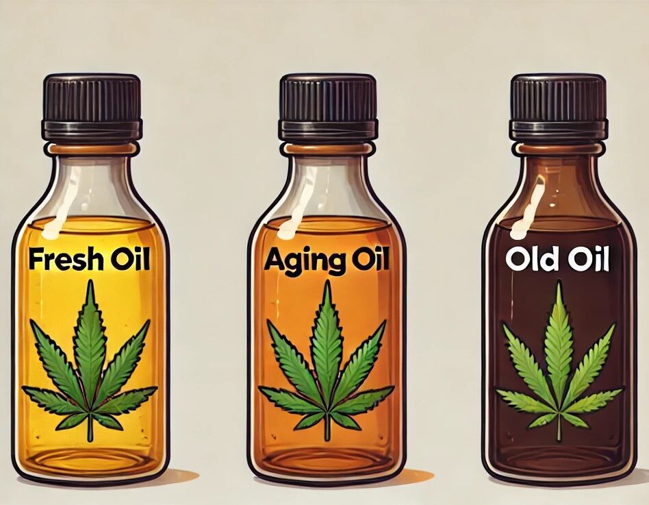 a group of bottles showing different shades of amber, labeled according to the freshness of the cannabis vaping oil