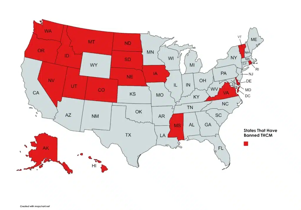 a map of the united states of america color coded according to THCM legal status
