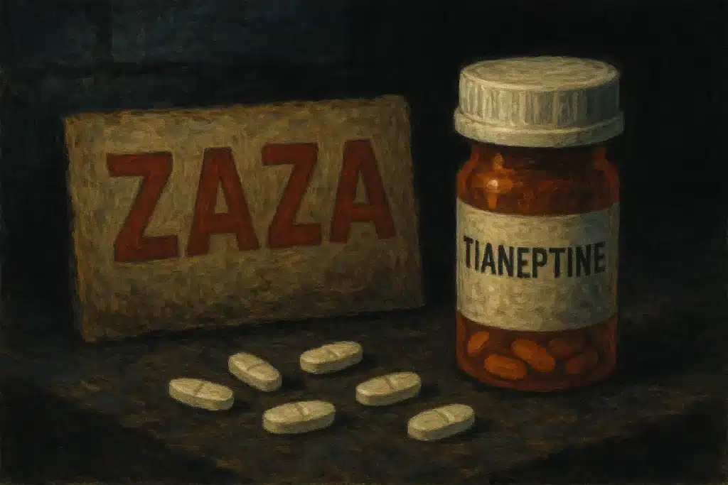 a zaza sign next to a bottle of a drug